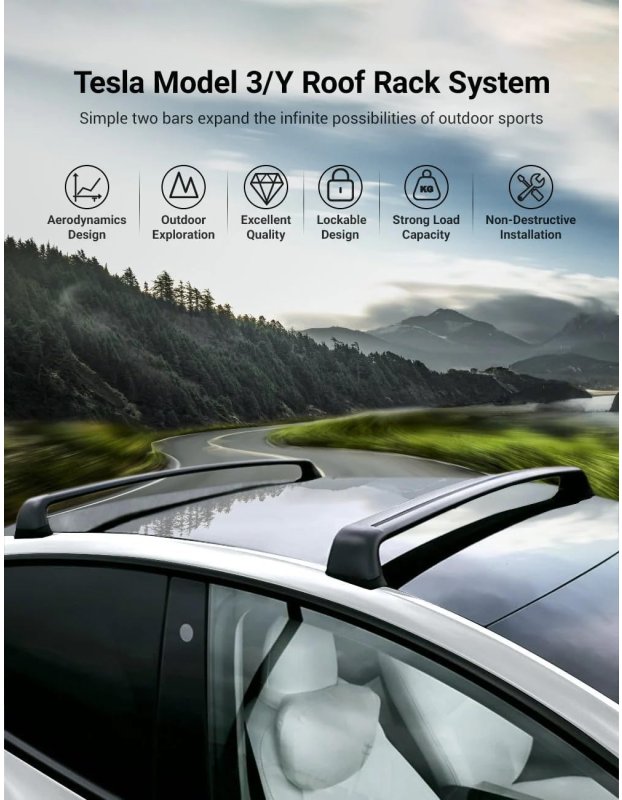 Tesla Model Y/3 ve Juniper için Araç Üstü Port Bagaj Barları, 2'li Set