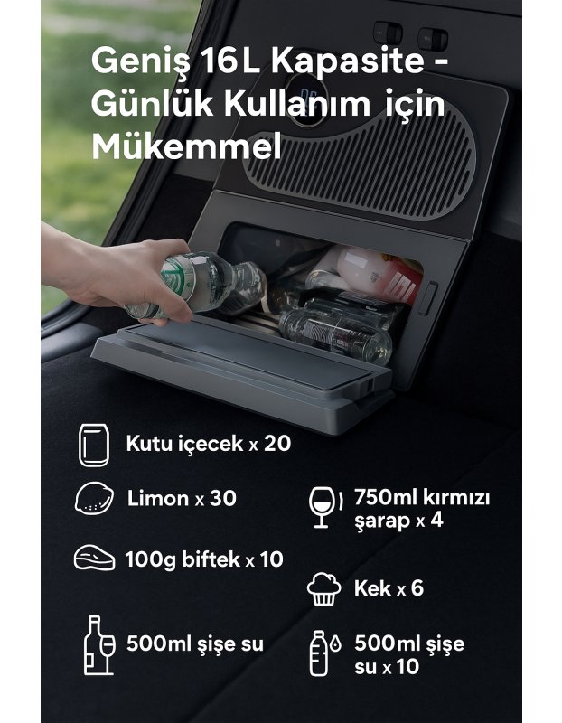 Tesla Model Y ve Juniper Yeni Model Y ile Uyumlu TEMAI 16L Kapasiteli Mini Buzdolabı, Çift Bölmeli Soğutma ve Dondurma Özellikli, LED Ekranlı
