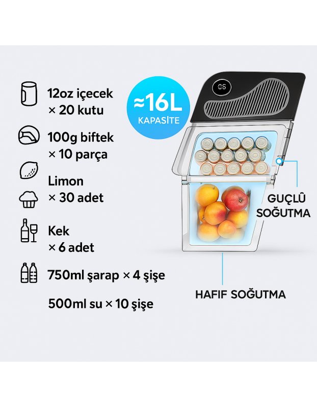 Tesla Model Y ve Juniper Yeni Model Y ile Uyumlu TEMAI 16L Kapasiteli Mini Buzdolabı, Çift Bölmeli Soğutma ve Dondurma Özellikli, LED Ekranlı